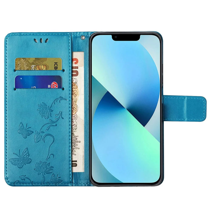 For iPhone 15 Pro Max Scratch Proof PU Leather Wallet Phone Case Butterfly Flower Imprinted Stand Cover - Blue - 3