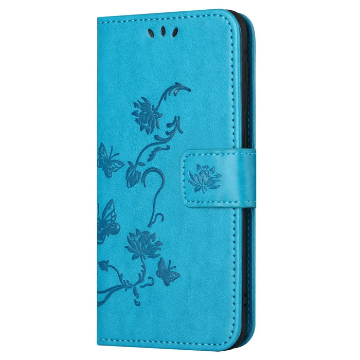 For iPhone 15 Pro Max Scratch Proof PU Leather Wallet Phone Case Butterfly Flower Imprinted Stand Cover - Blue - 4