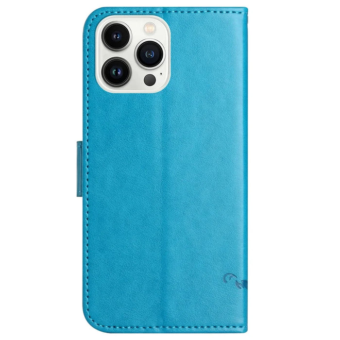 For iPhone 15 Pro Max Scratch Proof PU Leather Wallet Phone Case Butterfly Flower Imprinted Stand Cover - Blue - 5