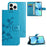 For iPhone 15 Pro Max Scratch Proof PU Leather Wallet Phone Case Butterfly Flower Imprinted Stand Cover - Blue - 6