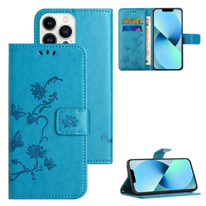 For iPhone 15 Pro Max Scratch Proof PU Leather Wallet Phone Case Butterfly Flower Imprinted Stand Cover - Blue - 6