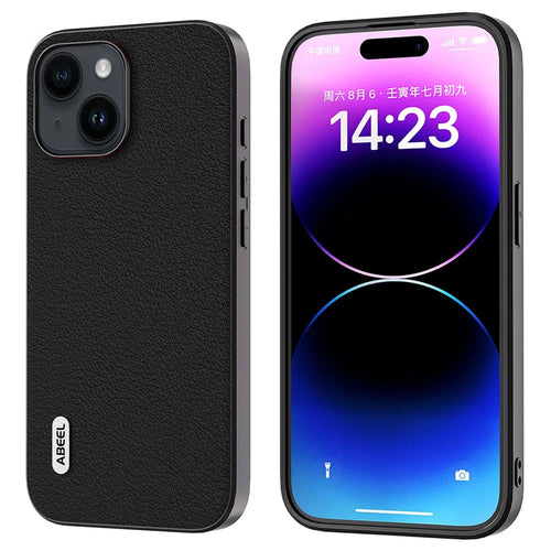 ABEEL For iPhone 15 Shockproof Phone Cover Genuine Cow Leather Coated PC+TPU Textured Case - Black - 1