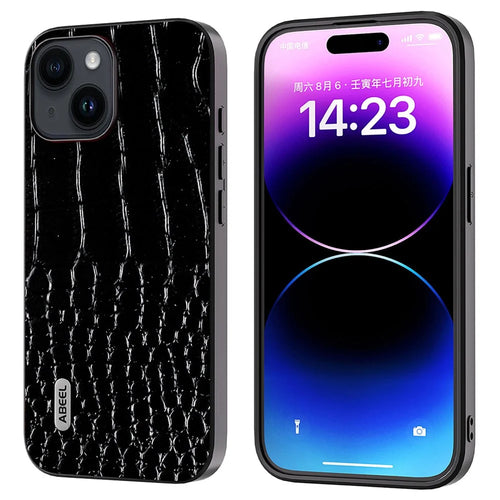 ABEEL For iPhone 15 Anti-fall Phone Case Crocodile Texture Genuine Cow Leather+PC+TPU Cover - Black - 1