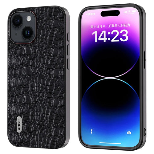 ABEEL For iPhone 15 Slim-Fit Phone Case Genuine Cow Leather Coated PC+TPU Canopy Texture Cover - Black - 1