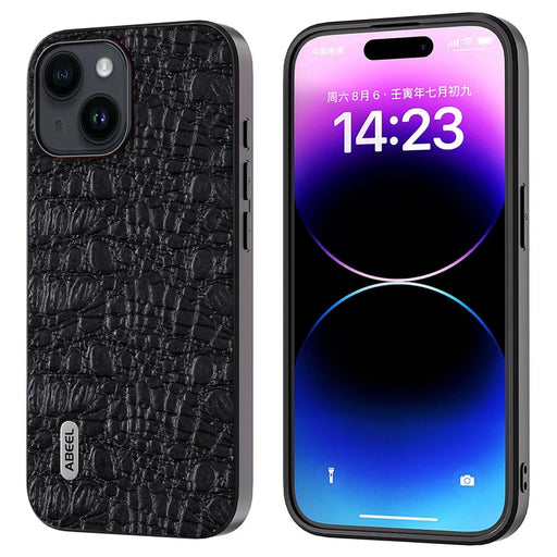 ABEEL For iPhone 15 Slim-Fit Phone Case Genuine Cow Leather Coated PC+TPU Canopy Texture Cover - Black - 1