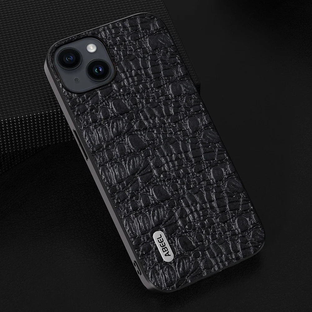 ABEEL For iPhone 15 Slim-Fit Phone Case Genuine Cow Leather Coated PC+TPU Canopy Texture Cover - Black - 2