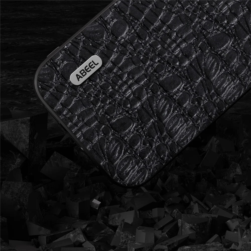 ABEEL For iPhone 15 Slim-Fit Phone Case Genuine Cow Leather Coated PC+TPU Canopy Texture Cover - Black - 3