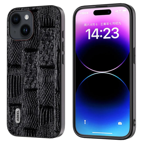 ABEEL For iPhone 15 Shockproof Mahjong Texture Cover Genuine Cow Leather+PC+TPU Phone Case - Black - 1