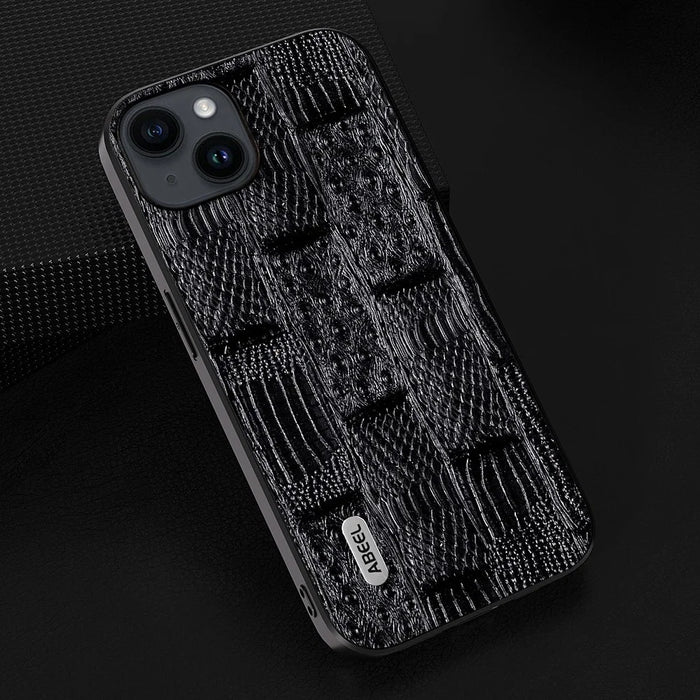 ABEEL For iPhone 15 Shockproof Mahjong Texture Cover Genuine Cow Leather+PC+TPU Phone Case - Black - 2