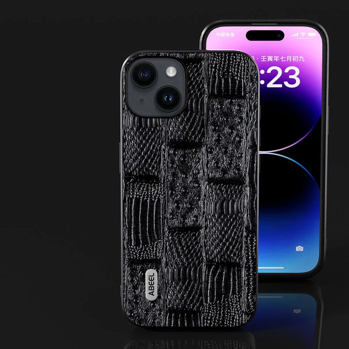 ABEEL For iPhone 15 Shockproof Mahjong Texture Cover Genuine Cow Leather+PC+TPU Phone Case - Black - 4
