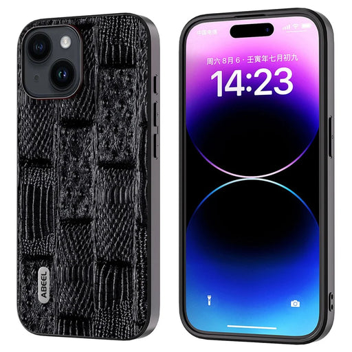ABEEL For iPhone 15 Plus Mahjong Texture Phone Case Genuine Cow Leather+PC+TPU Anti-drop Cover - Black - 1