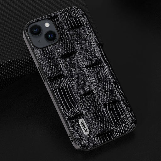 ABEEL For iPhone 15 Plus Mahjong Texture Phone Case Genuine Cow Leather+PC+TPU Anti-drop Cover - Black - 2