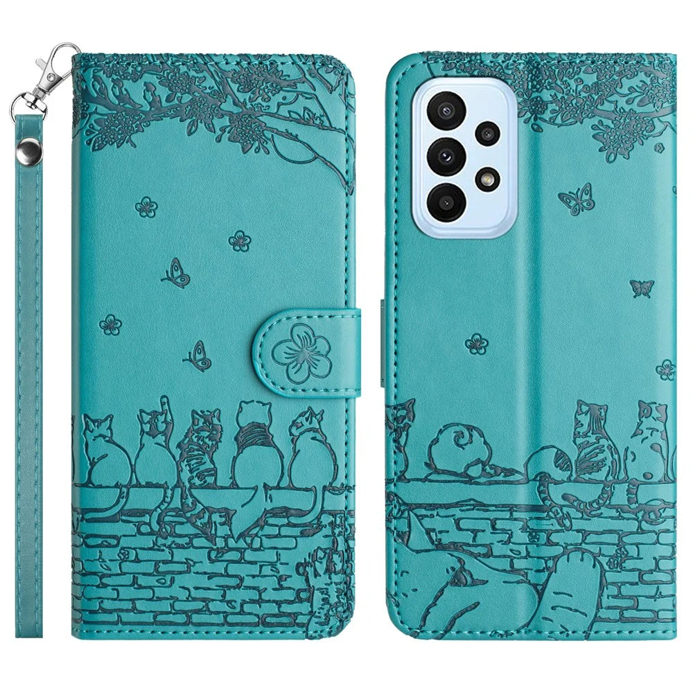 For Samsung Galaxy A53 5G Wallet Phone Cover Imprinted Wall Cats Leather Stand  Phone Case with Strap - Blue - 1