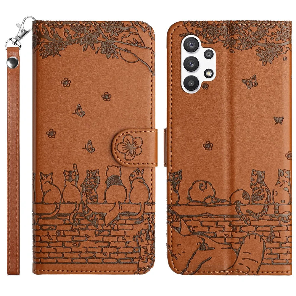 For Samsung Galaxy A13 4G / A04s 4G (164.7mm) /  A04 4G / M13 5G Shockproof Phone Cover Imprinted Stand Wallet Leather Phone Case with Strap - Brown - 1