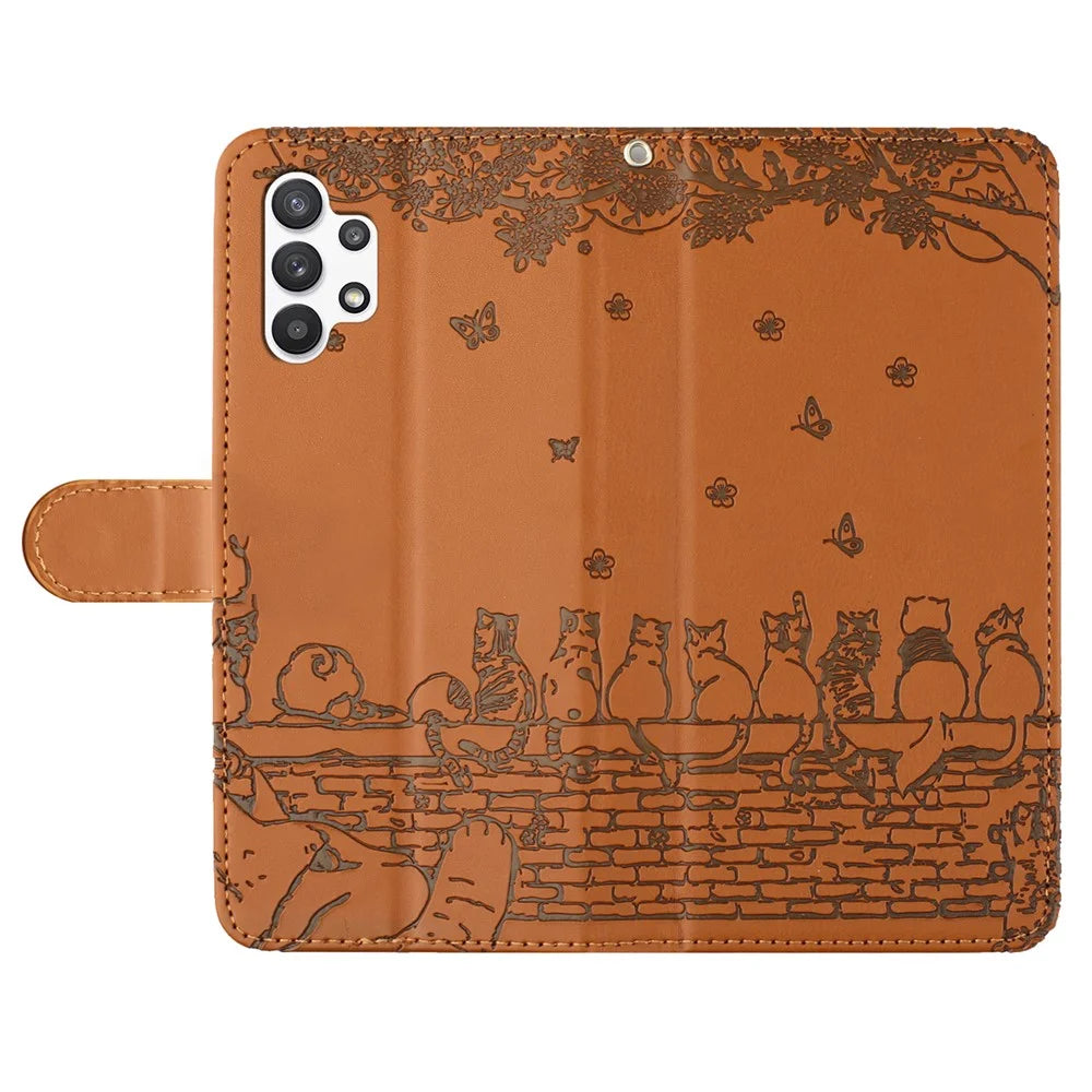 For Samsung Galaxy A13 4G / A04s 4G (164.7mm) /  A04 4G / M13 5G Shockproof Phone Cover Imprinted Stand Wallet Leather Phone Case with Strap - Brown - 4