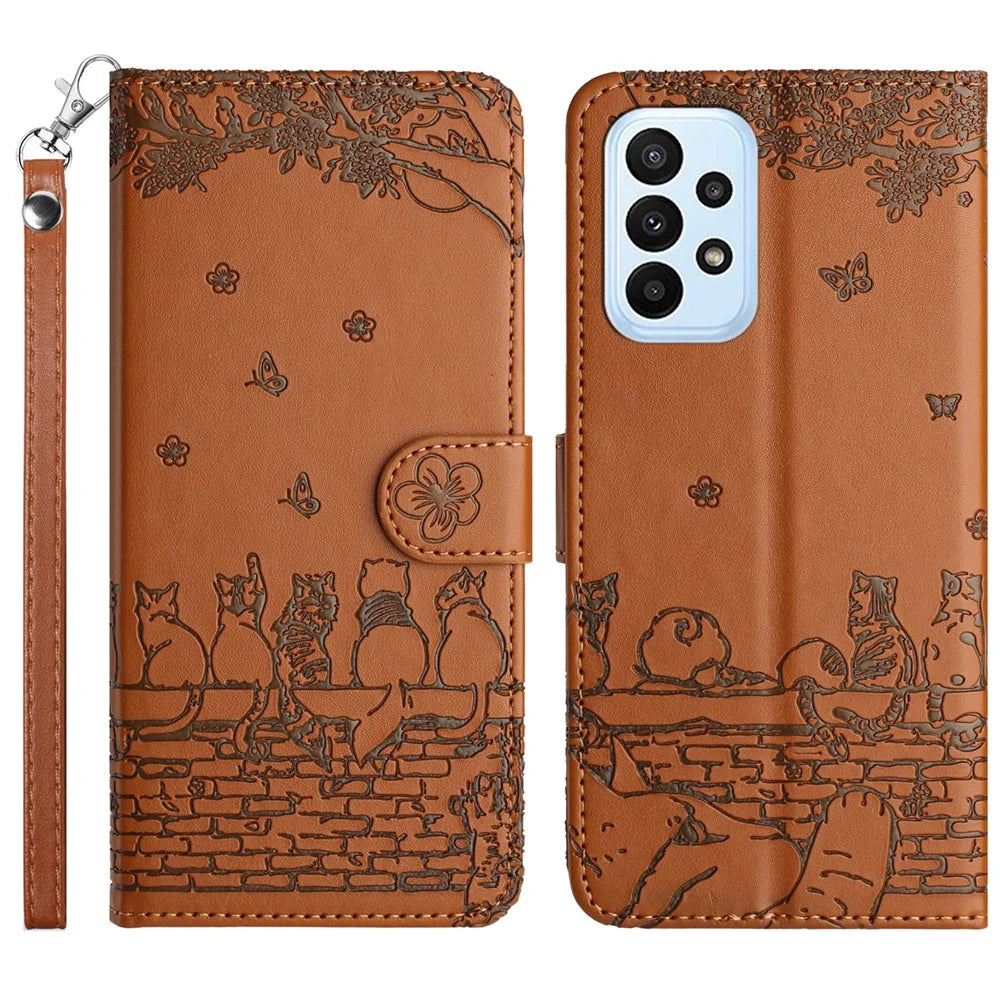 For Samsung Galaxy A23 4G / A23 5G (Global Version) / M23 5G / F23 5G Wallet Phone Cover Imprinted PU Leather Stand Phone Case with Strap - Brown - 1