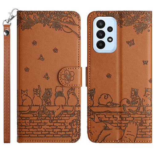 For Samsung Galaxy A23 4G / A23 5G (Global Version) / M23 5G / F23 5G Wallet Phone Cover Imprinted PU Leather Stand Phone Case with Strap - Brown - 1