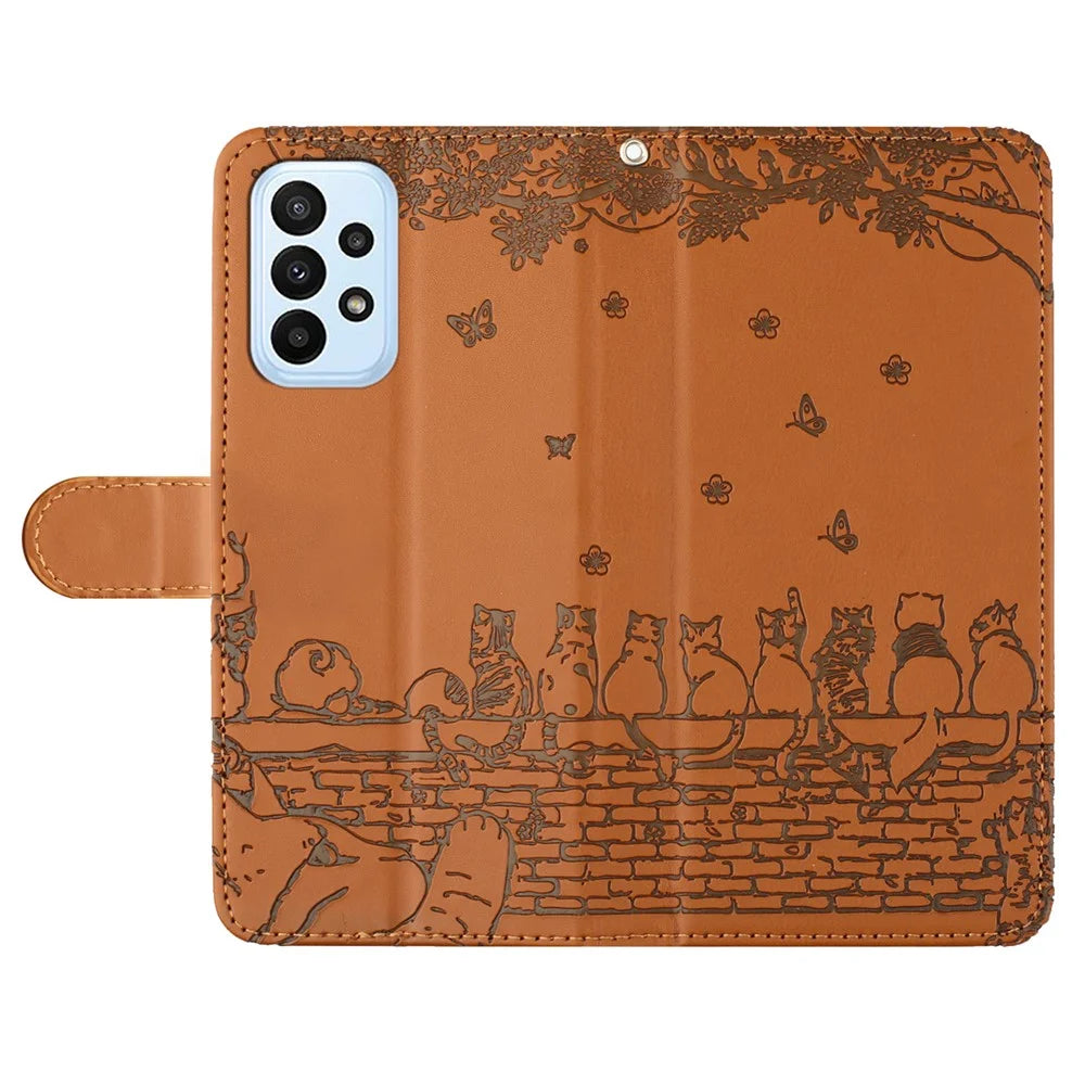 For Samsung Galaxy A23 4G / A23 5G (Global Version) / M23 5G / F23 5G Wallet Phone Cover Imprinted PU Leather Stand Phone Case with Strap - Brown - 4
