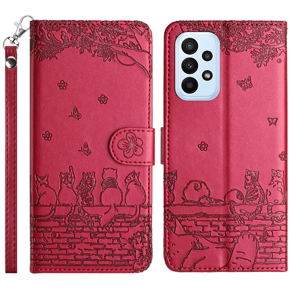 For Samsung Galaxy A33 5G Leather Stand Wallet Phone Cover Imprinted Wall Cats Phone Case with Strap - Red - 1