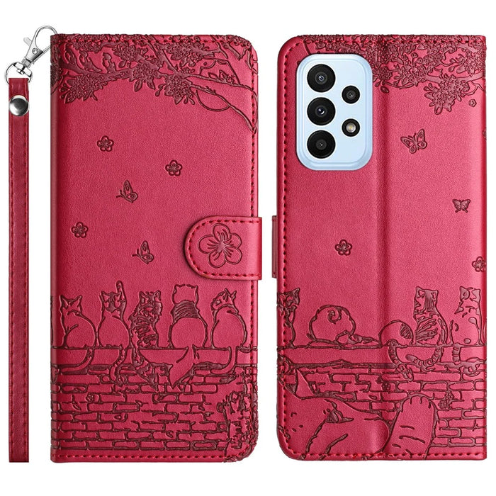 For Samsung Galaxy A33 5G Leather Stand Wallet Phone Cover Imprinted Wall Cats Phone Case with Strap - Red - 1