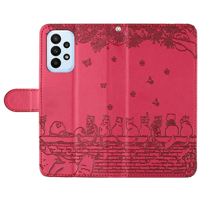 For Samsung Galaxy A33 5G Leather Stand Wallet Phone Cover Imprinted Wall Cats Phone Case with Strap - Red - 4