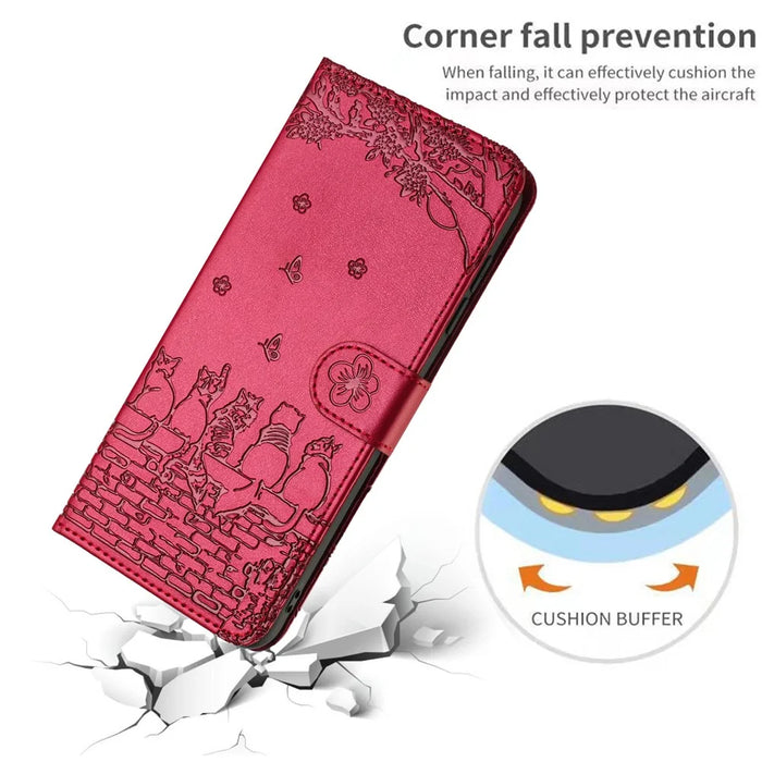 For Samsung Galaxy A33 5G Leather Stand Wallet Phone Cover Imprinted Wall Cats Phone Case with Strap - Red - 6