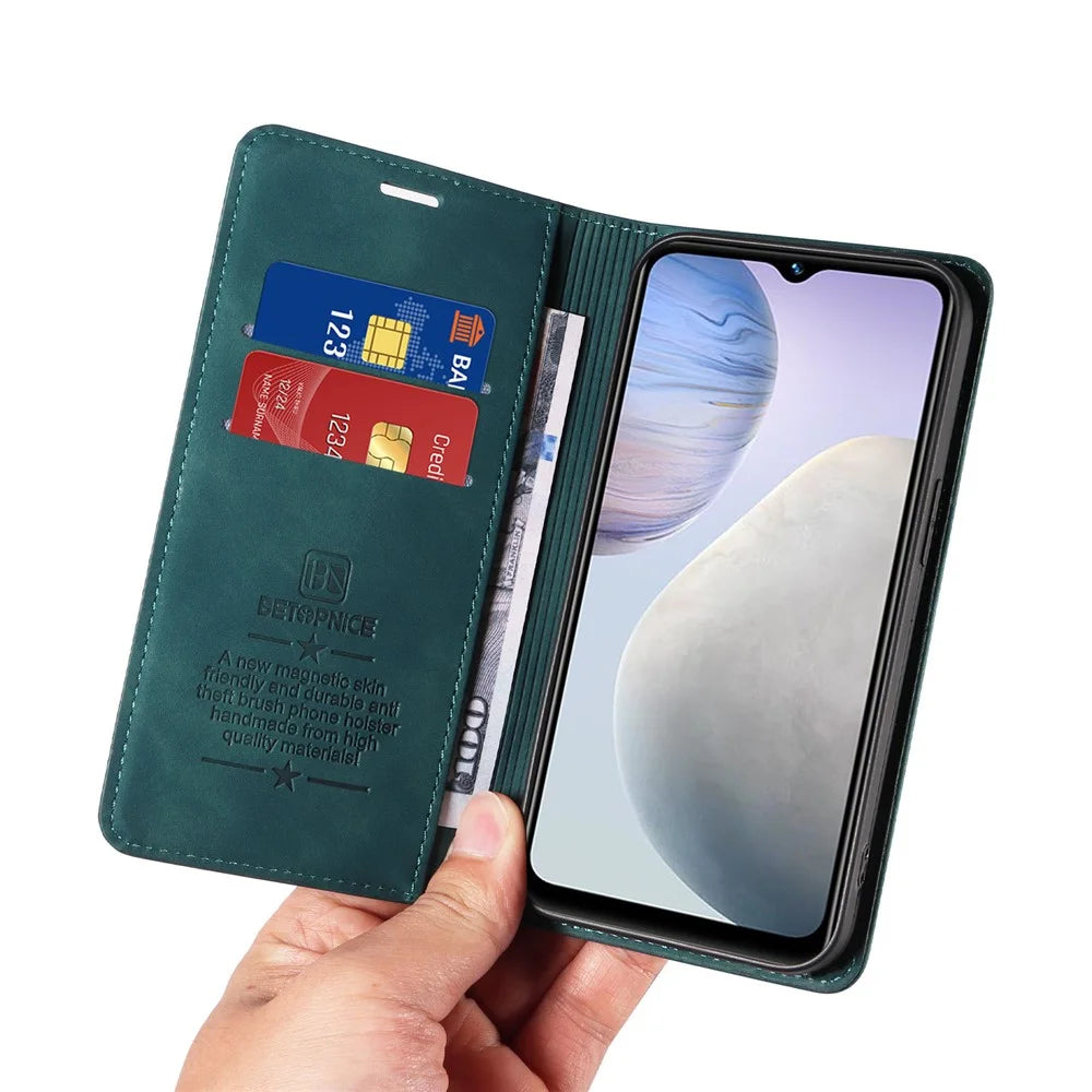 BETOPNICE 003 Leather Phone Case for vivo Y02 4G / Y11 (2023) / Y02A 4G , RFID Blocking Wallet Stand Cover - Green - 6