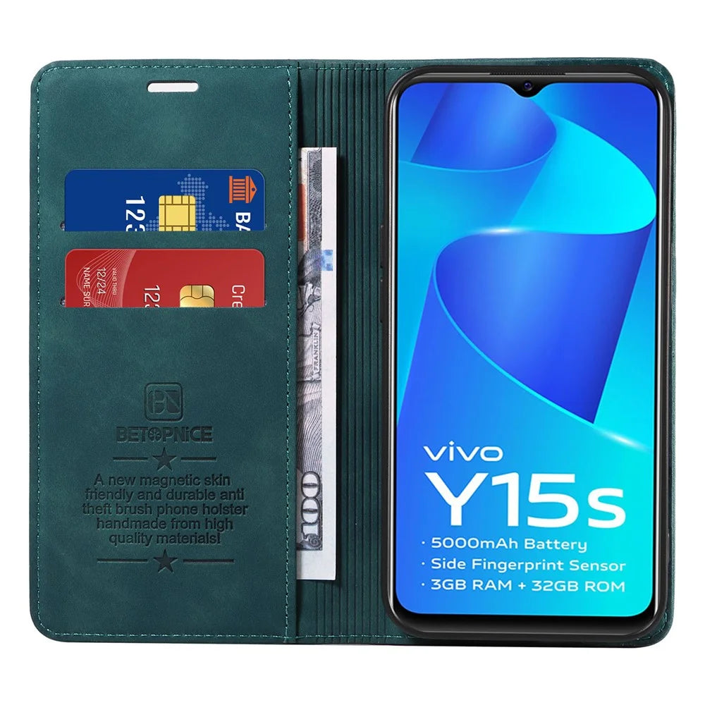 BETOPNICE 003 For vivo Y15a / Y15s 4G / Y10 / Y01 Phone Cover Leather Stand RFID Blocking Wallet Case - Green - 2