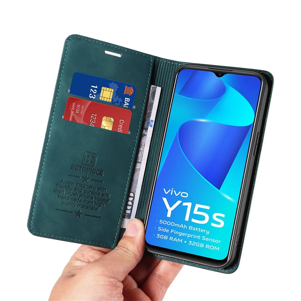 BETOPNICE 003 For vivo Y15a / Y15s 4G / Y10 / Y01 Phone Cover Leather Stand RFID Blocking Wallet Case - Green - 6