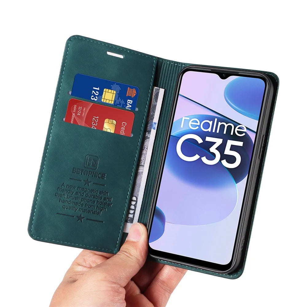 BETOPNICE 003 PU Leather Flip Cover for Realme C35 4G / Narzo 50A Prime , RFID Blocking Phone Case - Green - 6