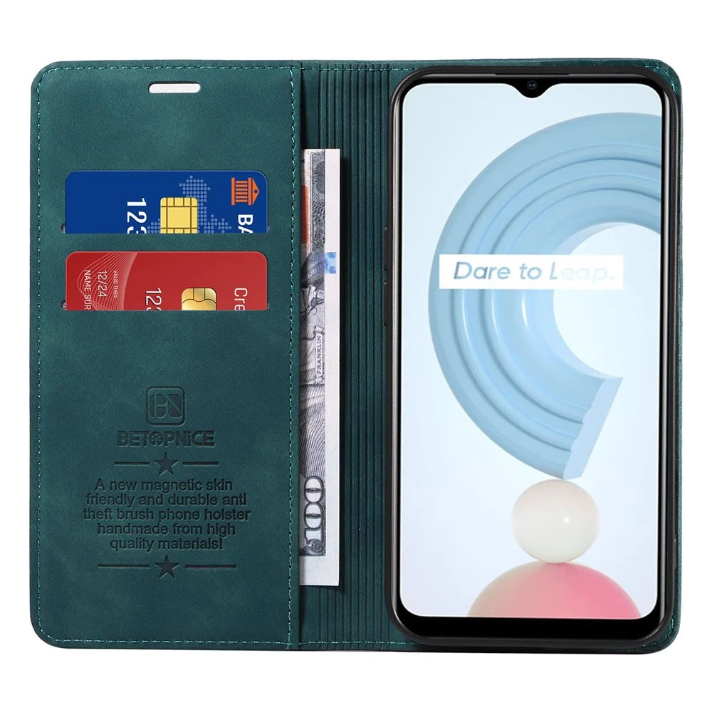 BETOPNICE 003 For Realme C21 4G / C21Y / C25Y Leather Phone Case RFID Blocking Cover (with Fingerprint Hole) - Green - 2