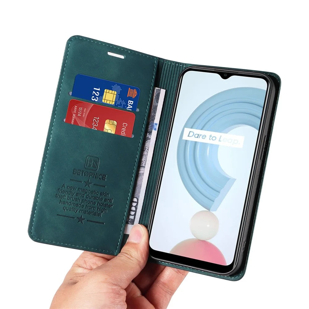 BETOPNICE 003 For Realme C21 4G / C21Y / C25Y Leather Phone Case RFID Blocking Cover (with Fingerprint Hole) - Green - 6