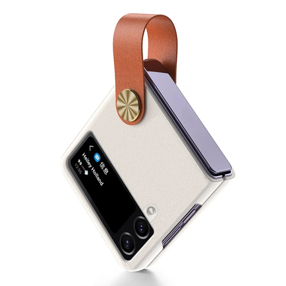 GKK Strap Kickstand Case for Samsung Galaxy Z Flip4 5G Anti-Drop Phone Cover PU Leather Coated Hard PC Case - White / Brown - 1
