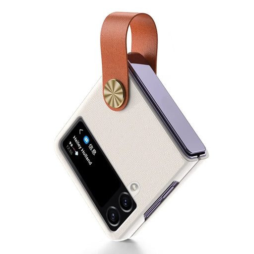 GKK Strap Kickstand Case for Samsung Galaxy Z Flip4 5G Anti-Drop Phone Cover PU Leather Coated Hard PC Case - White / Brown - 1