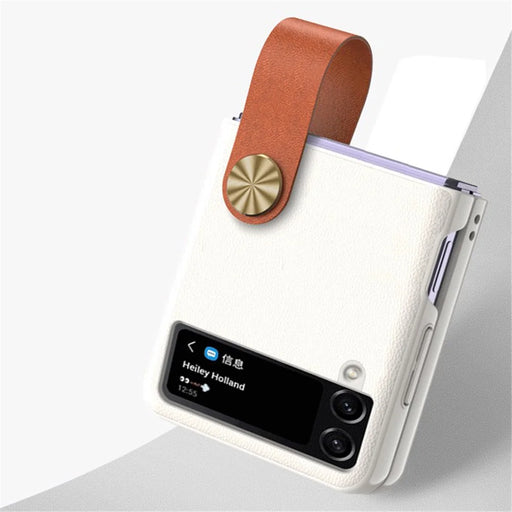 GKK Strap Kickstand Case for Samsung Galaxy Z Flip4 5G Anti-Drop Phone Cover PU Leather Coated Hard PC Case - White / Brown - 2