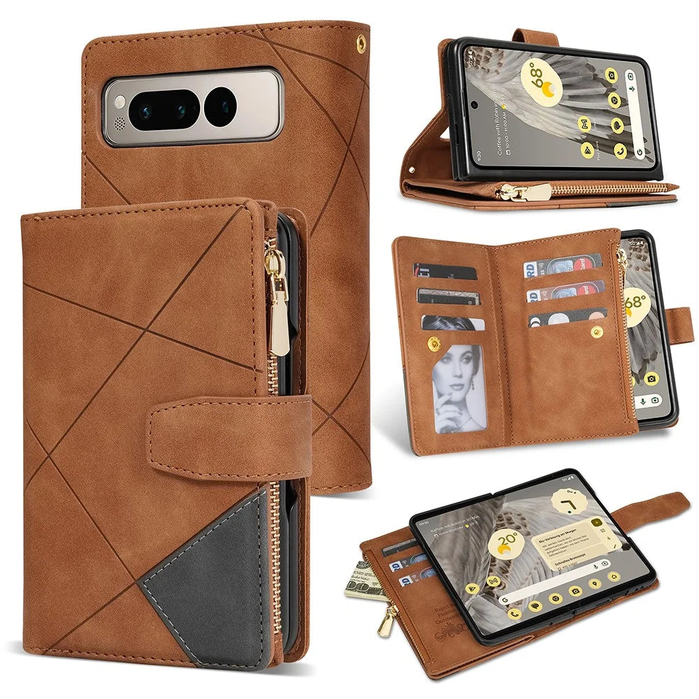 For Google Pixel Fold Leather Flip Phone Case Zipper Pocket Stand Lines Imprinted Wallet Cover - Brown - 1