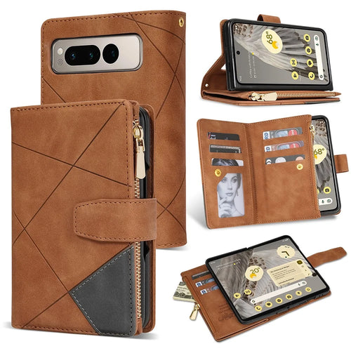 For Google Pixel Fold Leather Flip Phone Case Zipper Pocket Stand Lines Imprinted Wallet Cover - Brown - 1