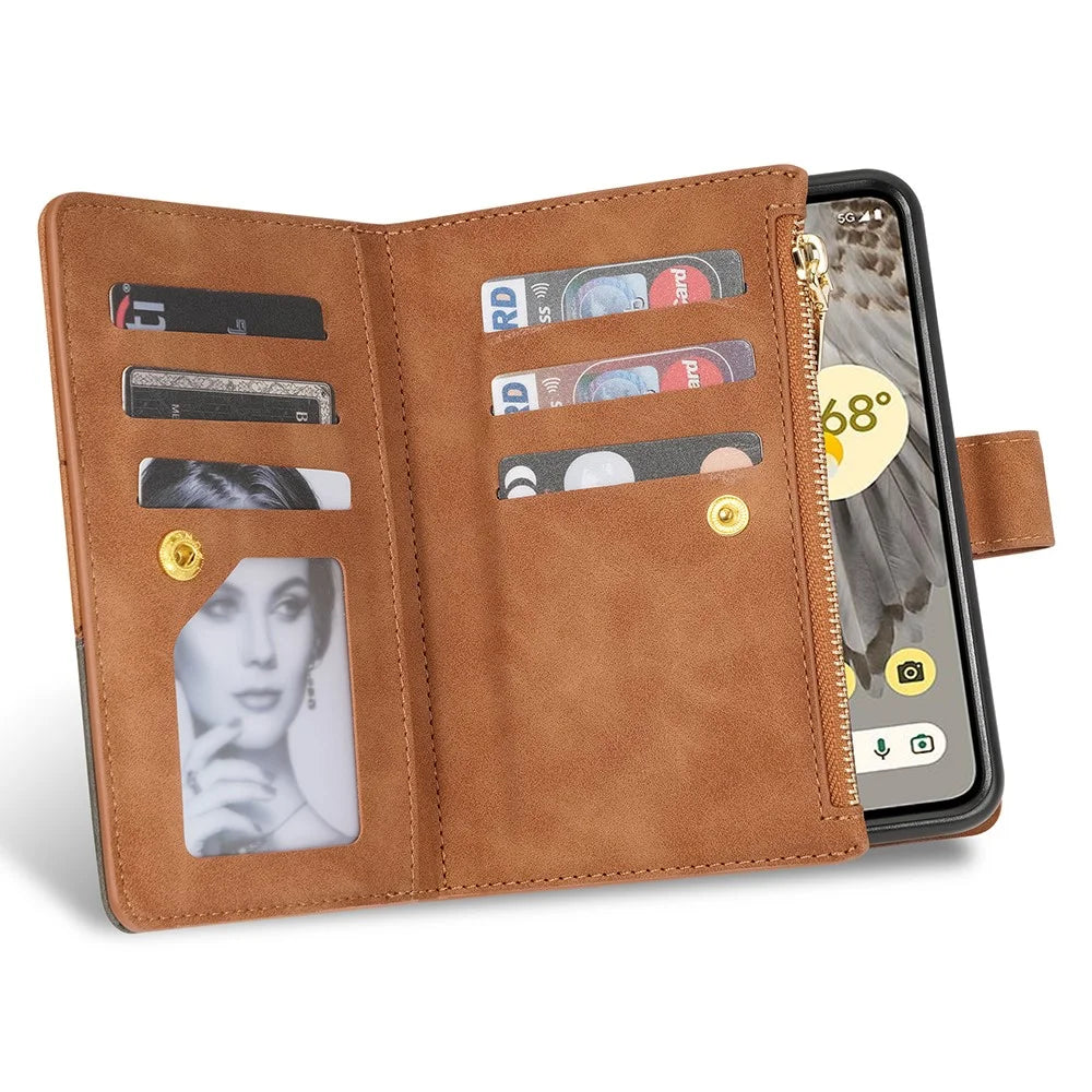For Google Pixel Fold Leather Flip Phone Case Zipper Pocket Stand Lines Imprinted Wallet Cover - Brown - 2