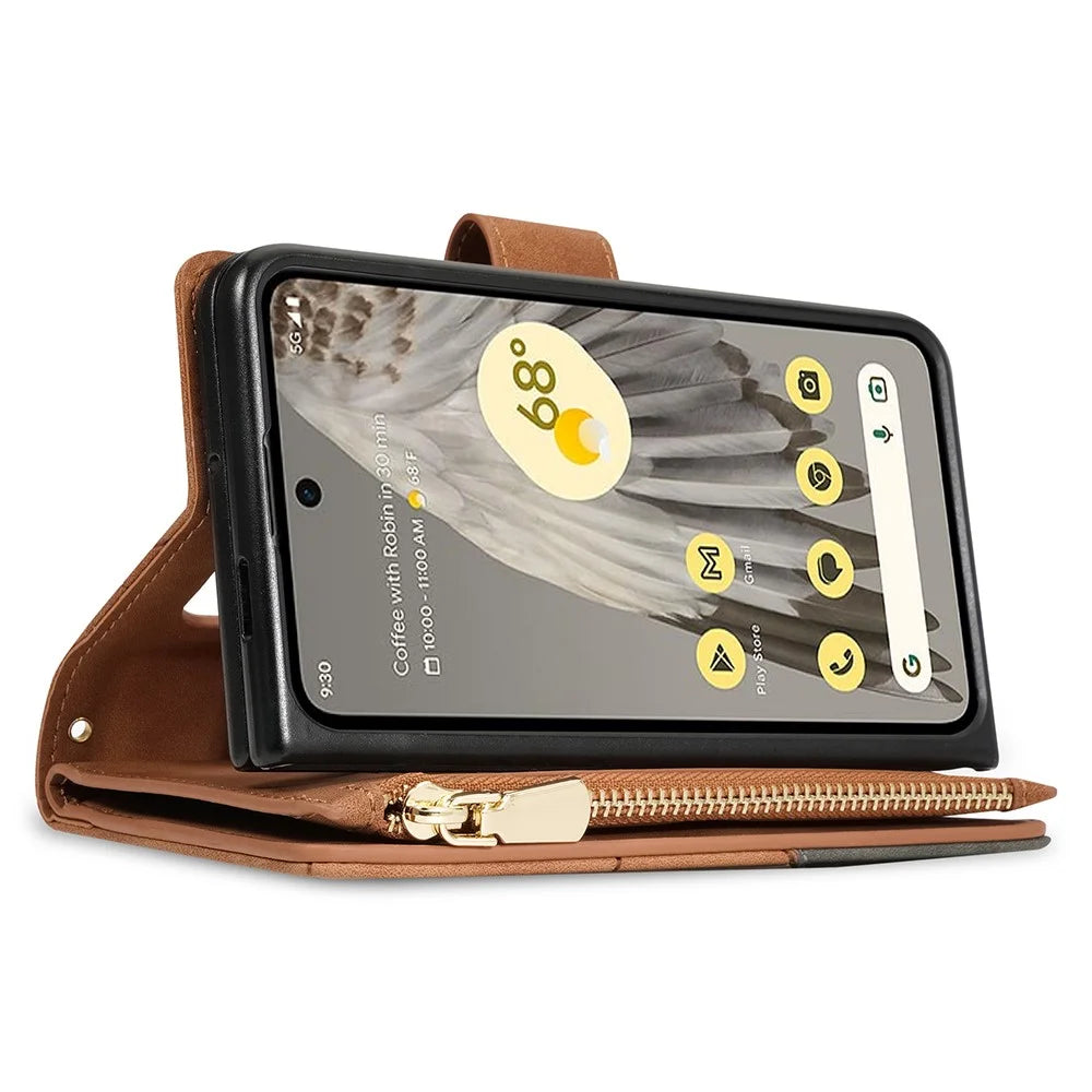 For Google Pixel Fold Leather Flip Phone Case Zipper Pocket Stand Lines Imprinted Wallet Cover - Brown - 3