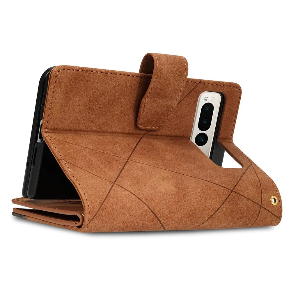 For Google Pixel Fold Leather Flip Phone Case Zipper Pocket Stand Lines Imprinted Wallet Cover - Brown - 4