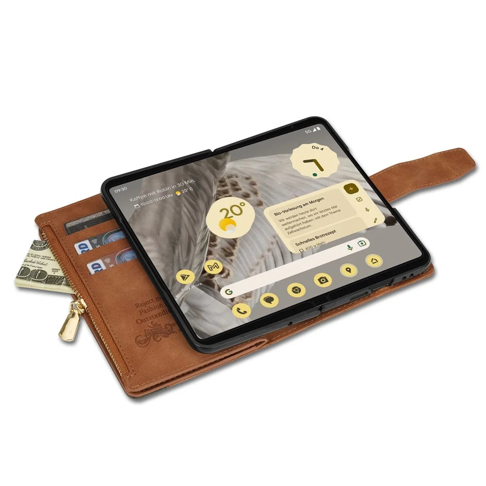 For Google Pixel Fold Leather Flip Phone Case Zipper Pocket Stand Lines Imprinted Wallet Cover - Brown - 5