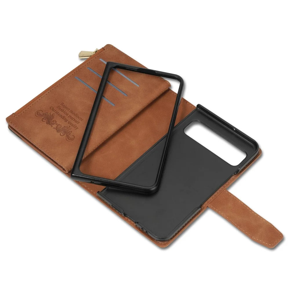 For Google Pixel Fold Leather Flip Phone Case Zipper Pocket Stand Lines Imprinted Wallet Cover - Brown - 6