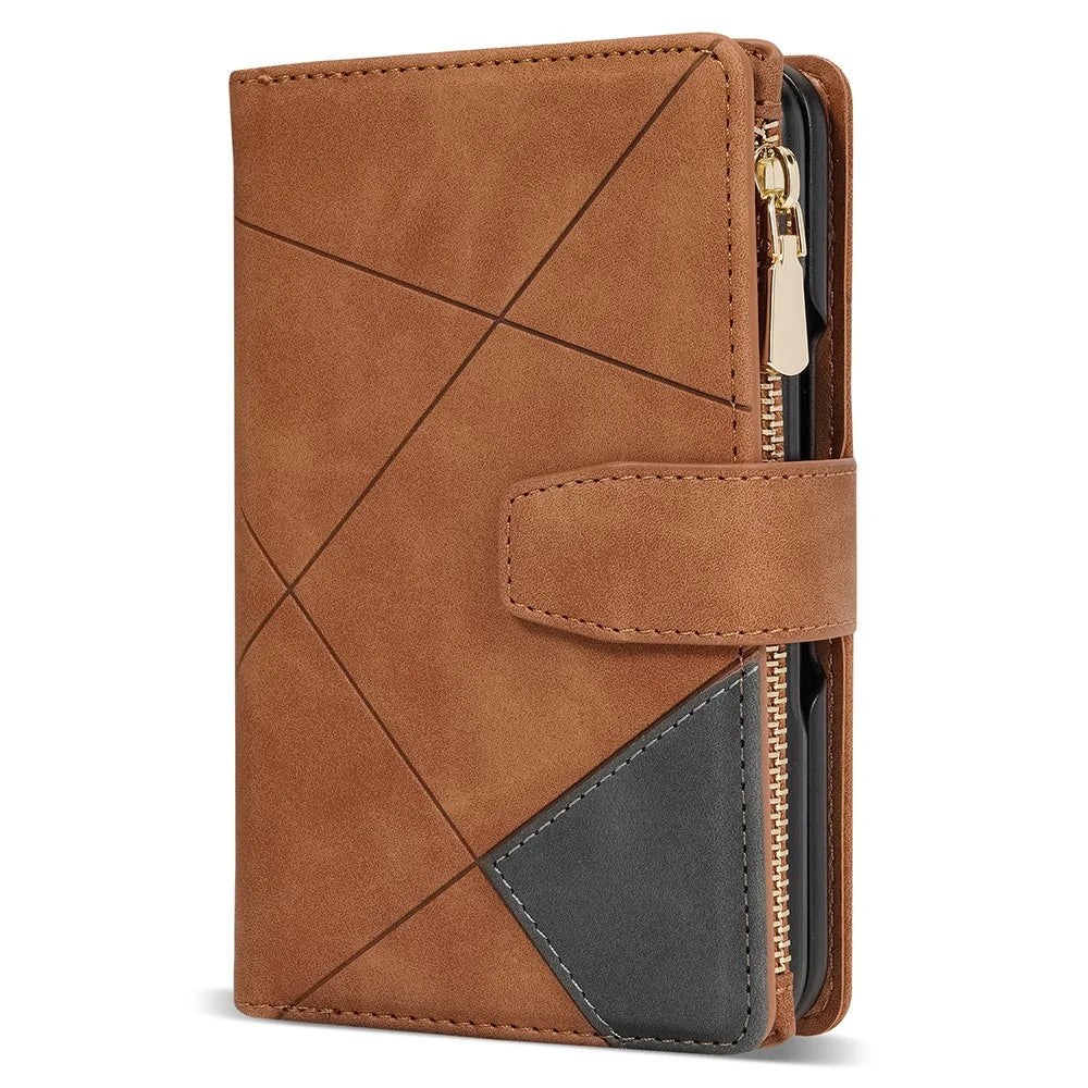 For Google Pixel Fold Leather Flip Phone Case Zipper Pocket Stand Lines Imprinted Wallet Cover - Brown - 7
