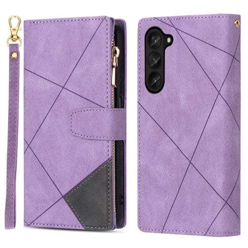 For Samsung Galaxy Z Fold5 5G Wallet Flip Case PU Leather Lines Imprinted Zipper Pocket Stand Phone Cover - Purple - 1