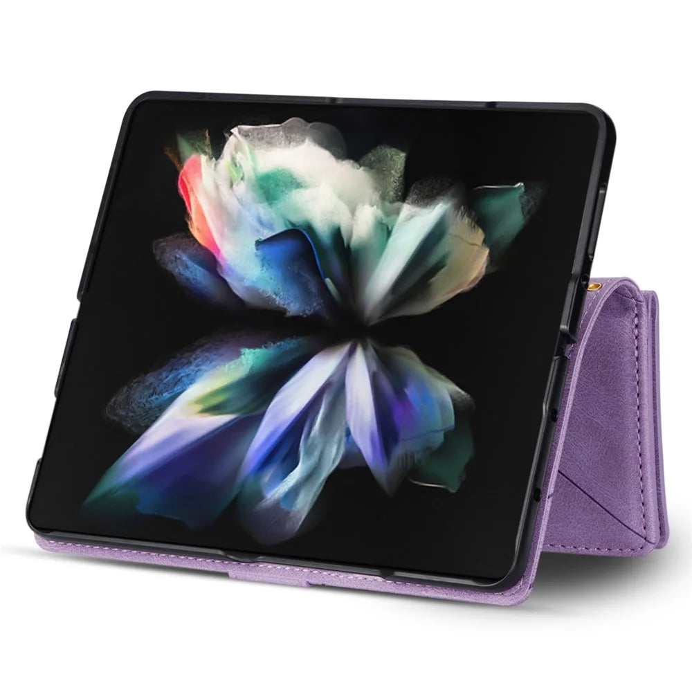 For Samsung Galaxy Z Fold5 5G Wallet Flip Case PU Leather Lines Imprinted Zipper Pocket Stand Phone Cover - Purple - 3
