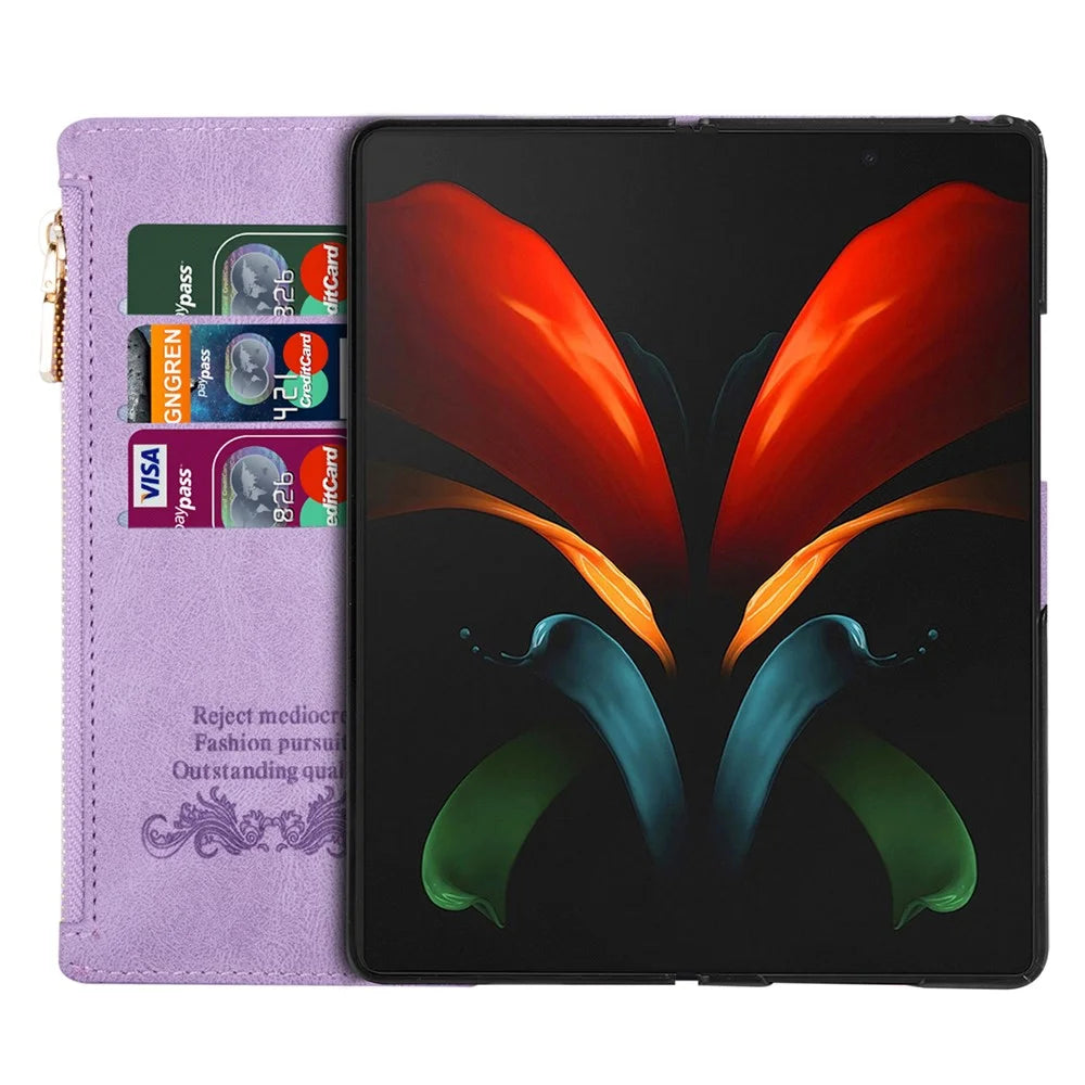 For Samsung Galaxy Z Fold5 5G Wallet Flip Case PU Leather Lines Imprinted Zipper Pocket Stand Phone Cover - Purple - 4