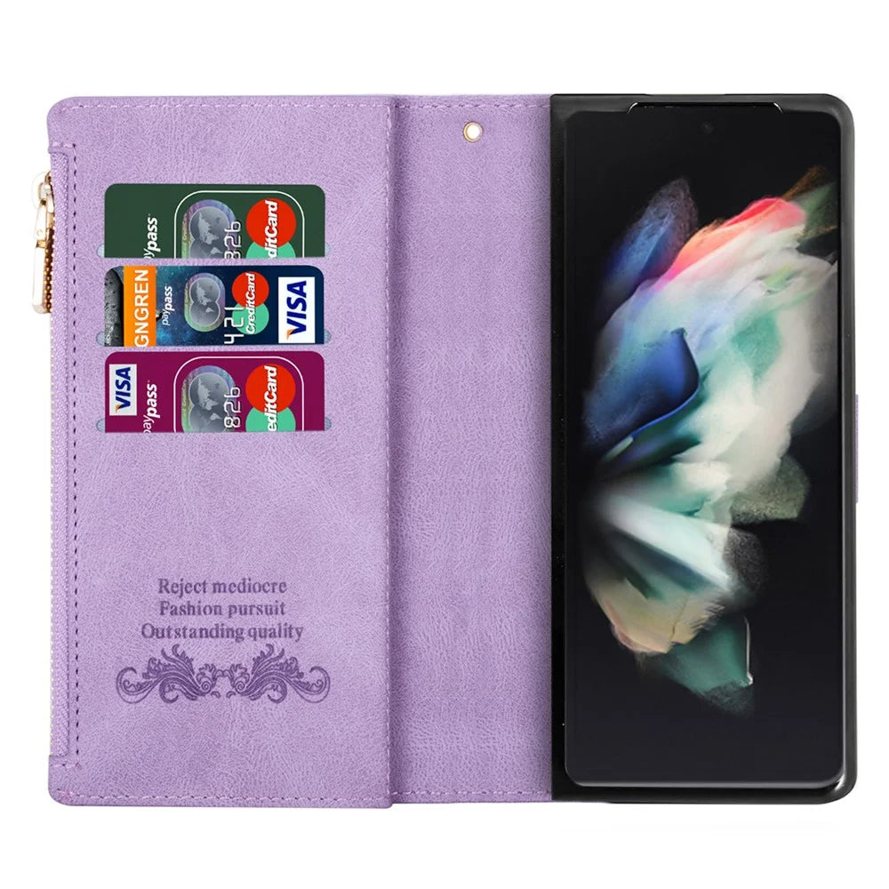 For Samsung Galaxy Z Fold5 5G Wallet Flip Case PU Leather Lines Imprinted Zipper Pocket Stand Phone Cover - Purple - 5