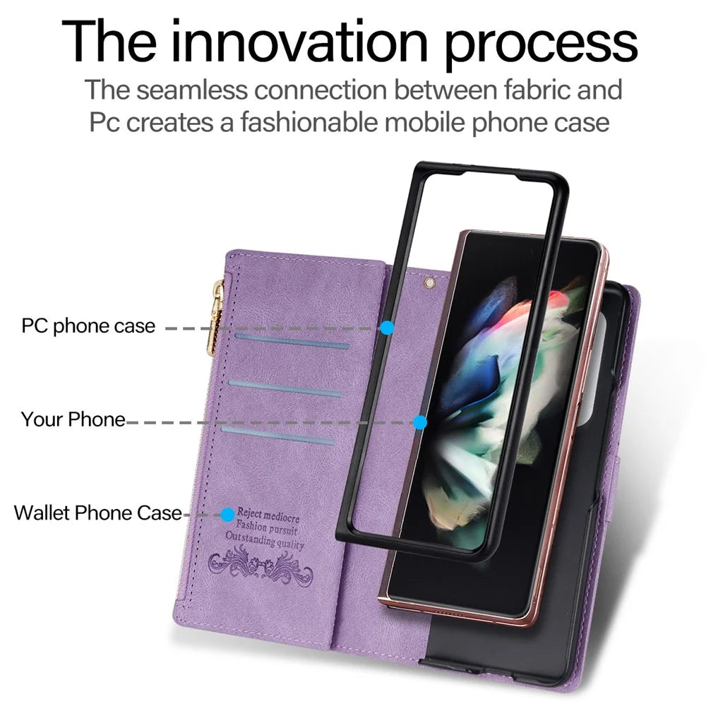 For Samsung Galaxy Z Fold5 5G Wallet Flip Case PU Leather Lines Imprinted Zipper Pocket Stand Phone Cover - Purple - 6