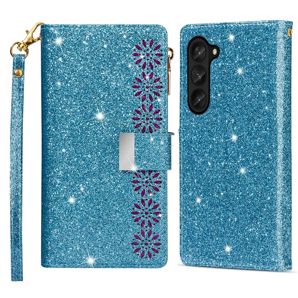 Zipper Wallet Shell for Samsung Galaxy Z Fold5 5G Leather Stand Case Laser Carving Glittery Phone Cover with Strap - Blue - 1