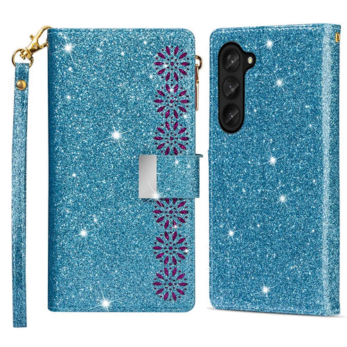 Zipper Wallet Shell for Samsung Galaxy Z Fold5 5G Leather Stand Case Laser Carving Glittery Phone Cover with Strap - Blue - 1